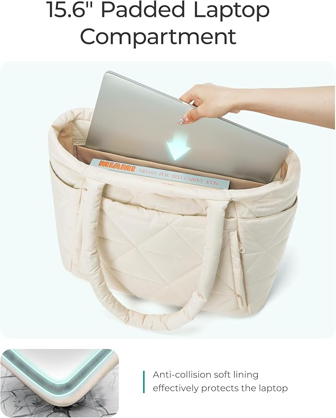 BAGSMART Tote Bag for Women, Puffer Tote Bag with Zipper, Large Quilted Shoulder Bag with Compartments for Travel, Work, Gym - Image 4