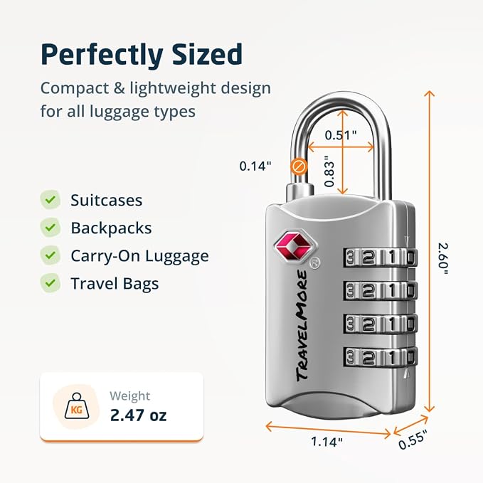 Luggage Locks TSA Approved, 4-Digit Travel Combination Locks | TSA Accepted, Easy to Use, Compact, Lightweight, Durable, Zinc Alloy Body, for Suitcases, Backpacks, Zippers, 3-Pack, Silver - Image 2