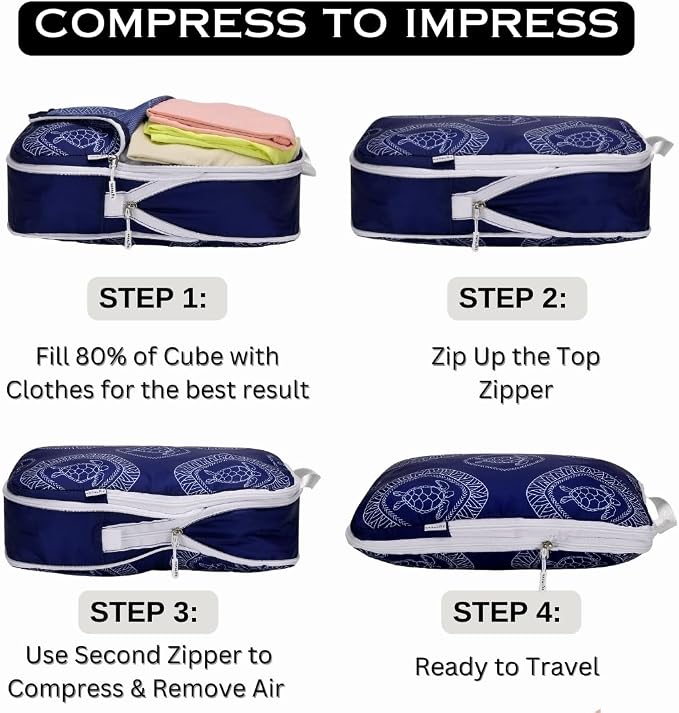 6-Set Compression Packing Cubes for Travel with Drawstring Backpack-Luggage Organizers for Suitcase-Water Resistant, Lightweight Vacation Essentials, Blue Turtle - Image 6