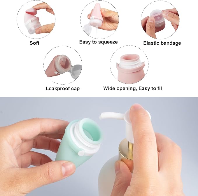 1oz Silicone Travel Bottles, Leak-Proof TSA Approved 4-Pack | Refillable Reusable Squeeze Toiletry Containers, for Shampoo Body Wash Lotion, Mini Travel Size, BPA Free, Easy Clean - Image 4