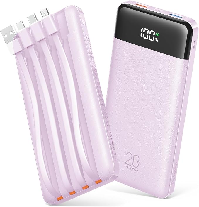 Orfeika 20000mAh Power Bank, Portable Charger with 4 Built-in Cables | 20W PD USB C Fast Charging,6 Outputs,LED Display,Flight-Safe,Travel Essentials Battery Pack for iPhone, Galaxy, iPad & More by Orfeika