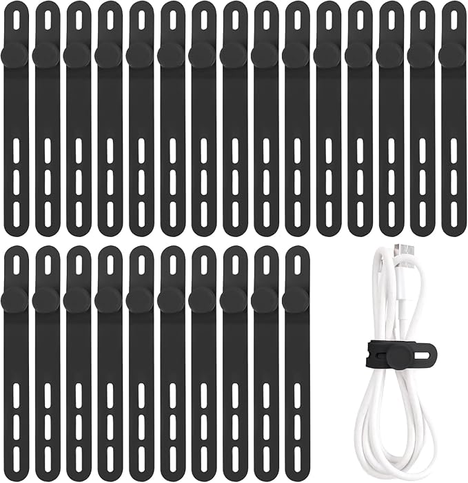 Oligei 25 Pcs Silicone Cable Ties, Cable Ties Reusable, High Elasticity Cord Wraps for Electrical Cords, Cord Organizer for Earphone, Phone Charger(Black) by Oligei