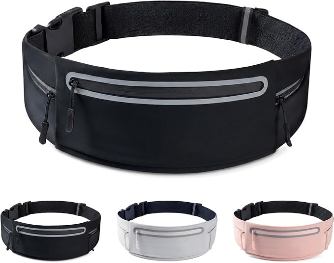 Running Belt for Women Men, Slim No-Bounce Waist Pack, Water Resistant Reflective Phone Holder Fits Phones up to 7.5 inch, Adjustable Fanny Pack for Running Jogging Hiking（Black） by Unknown