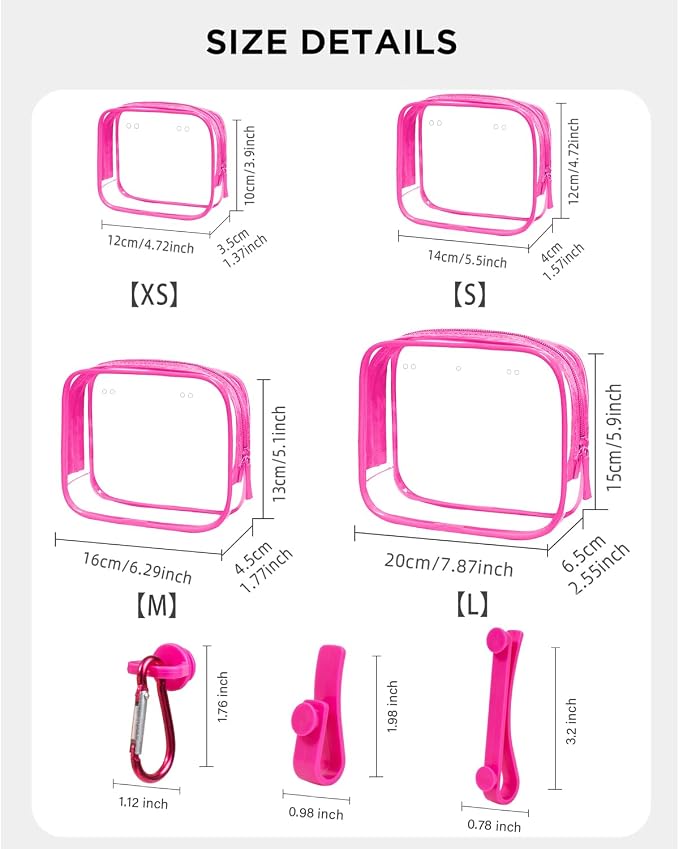 4 Pack Clear Toiletry Bags, Portable Travel Makeup Pouch with Zipper, TSA Approved Organizer, Clear Pouch Bags Compatible With Bogg Bag Divider Accessories(Hot Pink) - Image 2
