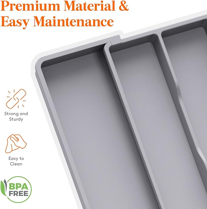 Lifewit Utensil Organizer for Kitchen Drawers, Expandable Utensil Tray | Adjustable Cooking Cutlery Silverware Flatware Holder, Plastic Spatula Tools Storage Divider, 13-22 x 15", Gray - Image 6