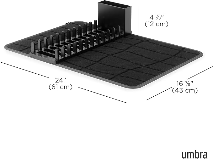 Umbra Udry Dish Drying Rack with Microfiber Mat, Foldable Drainer, Black | Machine washable, protects countertops, utensil holder, compact space saving design - Image 3