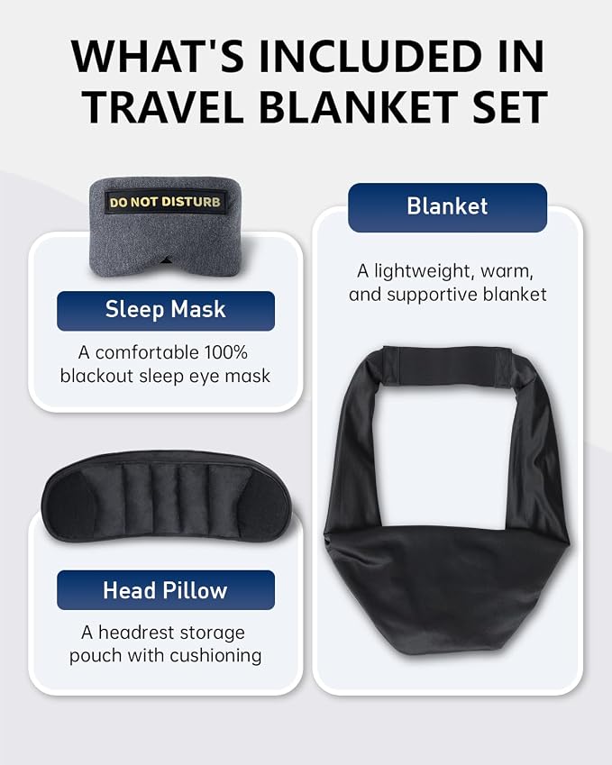 Travel Pillow and Blanket Set, Compact Airplane Pillow Bag with Eye Mask for Long Flights Sleeping, 360° Support Head Strap Travel Essentials for Plane Car Sleep Neck Upright, Stop Head Drop(Grey) - Image 4
