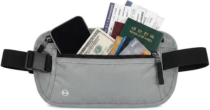 RFID Blocking Money Belt for Travel, Hidden Anti Theft Waist Pouch with RFID Protection, Slim Passport Holder Fanny Pack for Cash, Credit Cards, Phone & Travel Essentials (LightGrey) by Unknown