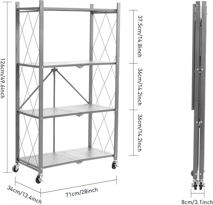 BRIAN & DANY 4-Tier Foldable Storage Shelves with Wheels, Folding Metal Rack Shelving Unit, Heavy Duty No Assembly Organizer Shelf for Garage, Kitchen, Basement, Pantry, Gray - Image 3