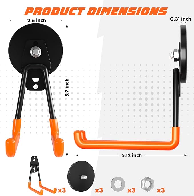 Heavy-Duty Storage Magnetic Hooks，No Need for Drilling, with Anti-Slip Coating, Suitable for Garages, Workshops, Kitchens, Storage Cabinets, RVS, Garden Tool Storage (Orange 3 pro) - Image 6