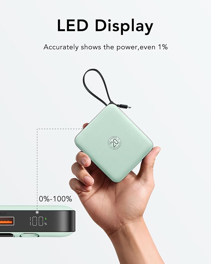 VRURC Portable Charger with Built-in Cable, 10000mAh 22.5W Fast Charging USB C Battery Pack, Cell Phone Power Bank for iPhone 17 16 15 Series Android Tablet (Green) - Image 3
