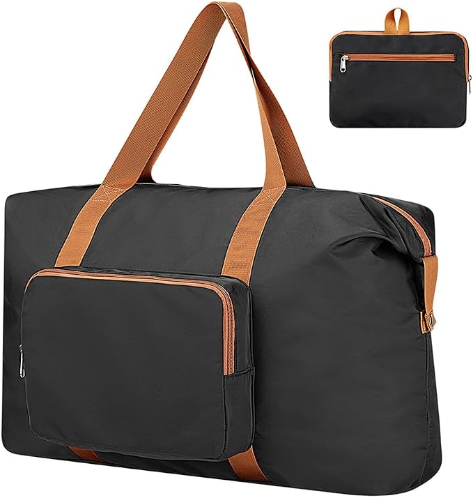 Travel Duffel Bag 60L Large Tote Carry On Foldable, Black-Brown | Carry On Duffel Bag for Women Men, Foldable Bags for Travel, Hospital Bag for Labor and Delivery, Weekender Overnight Bag by TIDALFLASH