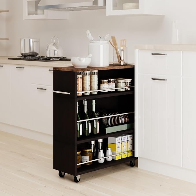 4-Tier Slim Rolling Cart with Wheels, 7.9"W Narrow Storage, Black & Brown | 4 adjustable MDF shelves (20 lbs each), 360° casters + side handle, Fits kitchen, laundry, bathroom & dorm tight gaps - Image 7