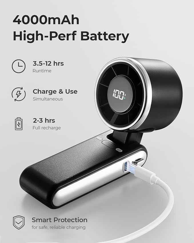 Portable Handheld Turbo Fan - 5 Gear High Speed 4000mAh Rechargeable Mini Personal Hand Fan Blow Cold Air, Battery Operated Travel Essentials, Beach Vacation, Gifts for Women, Men (Black) - Image 5