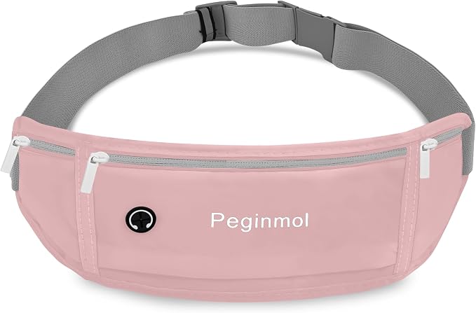 Slim Running Belt Fanny Pack, Waist Pack Bag for Women Men, Running Pouch for Phone Waterproof Reflective with 3 Pouches, Running Phone Holder for Sports, Traveling (Pink) by Peginmol