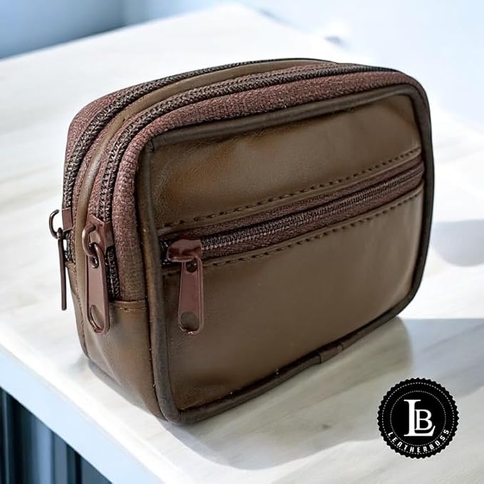 Leatherboss Genuine Leather Travel Outdoor Hiking Belt Pouch with Zipper Pocket Wallet for men women (Dark Brown) - Image 2