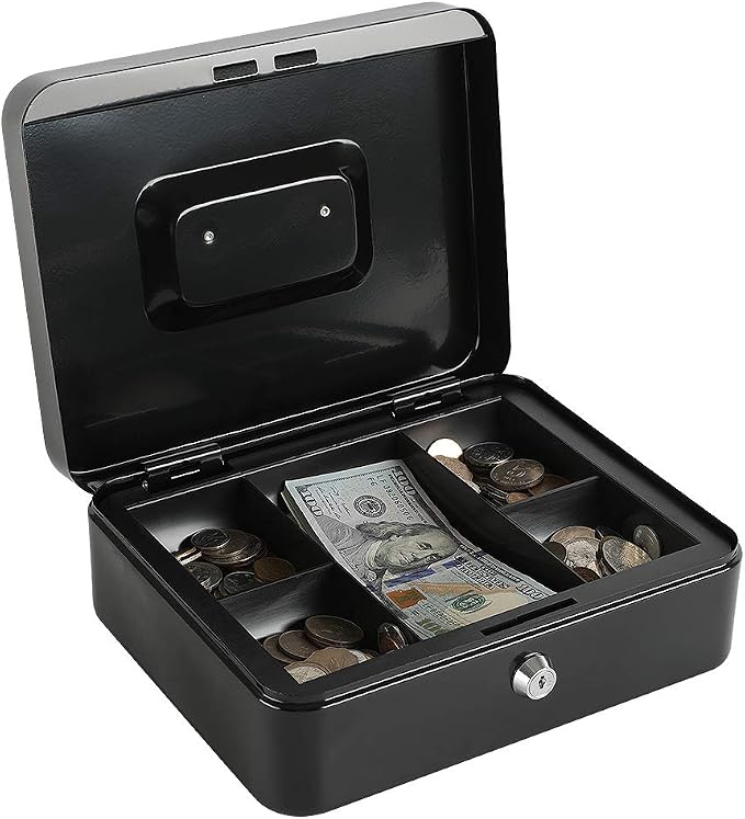 xydled Large Cash Box with Lock, Removable Coin Tray, Steel Money Box, Black by xydled