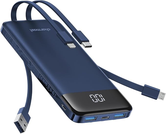 charmast Portable Charger Built-in Cables, 10000mAh Slim Power Bank Pocket | 22.5W Fast Charging Battery Pack for iPhone 17/16/15 Samsung Android, Flight-Approved, Multi-Device, USB-C, Daily Commute by charmast