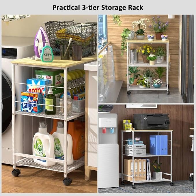 ThreeHio Rolling Kitchen Microwave Cart, 3 Tier Microwave Table Stand with Storage, Kitchen Utility Cart on Lockable Wheels, Small Coffee Station Shelf Rack Organizer for Living Room Office, Balcony - Image 6