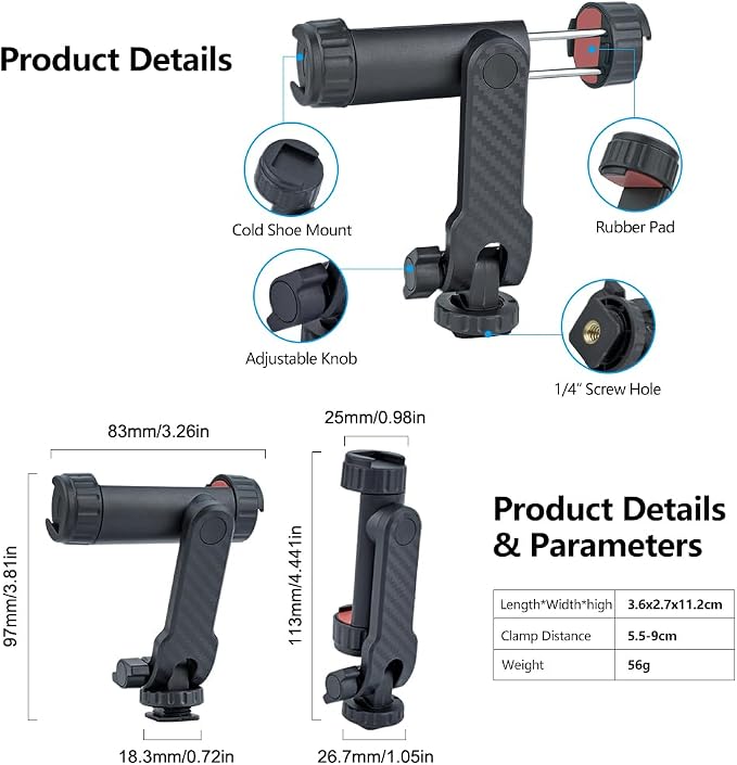 Dual Cold Shoe Phone Mount Holder — Universal Adjustable Smartphone Clamp with Dual Cold Shoe Mounts for Microphone & LED Light, 360° Rotating Ball Head, 1/4"-20 Tripod Screw Compatible - Image 2