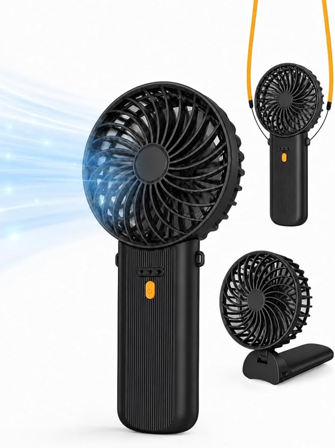 Portable Mini Fan, Quiet Foldable Fan with Lanyard (Black) | 4 Speeds, 15H Rechargeable Battery, Portable Pan for Travel, Home, Office, Outdoor, Makeup, Women, Men, Black by Unknown
