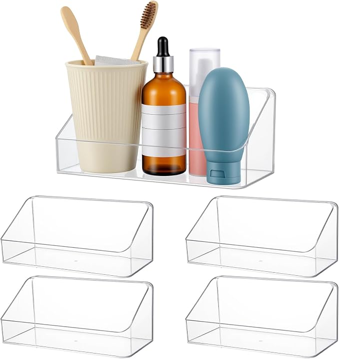 4 Pack Clear Wall Mounted Storage Organizer – No Drill Adhesive Shelves for Bathroom, Kitchen, Bedroom, Mirror Cabinets – Transparent PS Plastic Organizer Bins (7.9” x 3.4” x 3.3”) by Unknown
