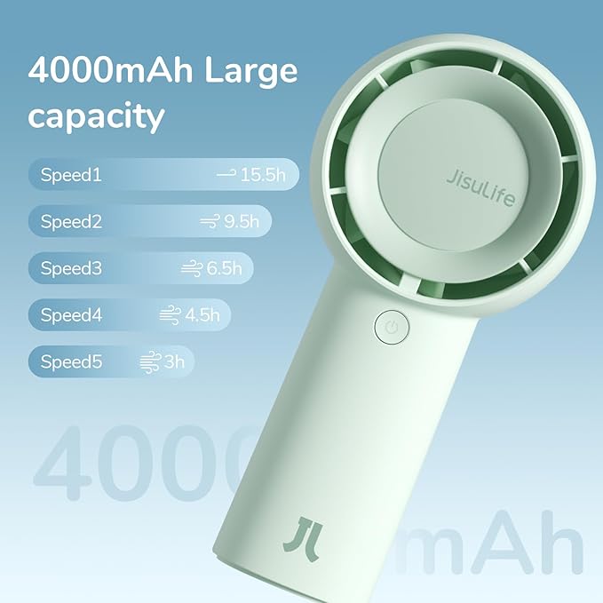 JISULIFE Portable Handheld Turbo Fan Rechargeable 4000mAh 5-Speed (Green) | Up to 16H max cooling, Personal Battery Powered Pocket Fan for Travel/Outdoor/Vacation/Concerts, Birthday Gifts for Women - Image 3