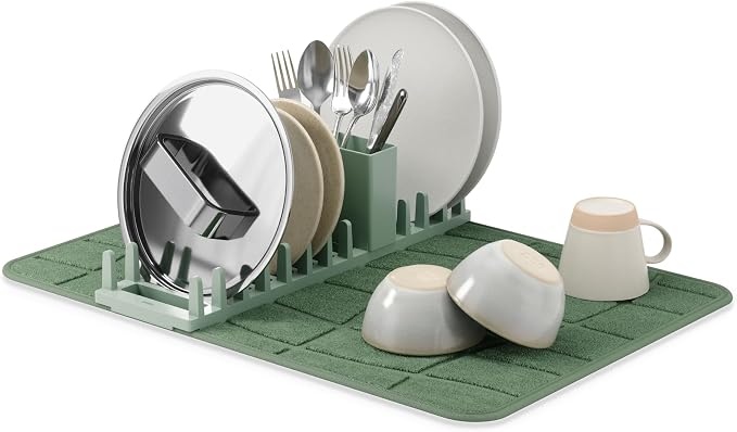 Umbra Udry Dish Drying Rack with Microfiber Mat, Foldable Drainer, Spruce | Machine washable, protects countertops, utensil holder, compact space saving design by Umbra