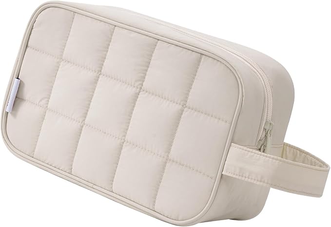 Narwey Quilted Makeup Bag Puffy Make up Bag Cosmetic Bag Organizer, Puffer Travel Toiletry Bag for Traveling Women Girl, Travel Bag for Toiletries, Skincare Medicine Bags (Beige) by Narwey