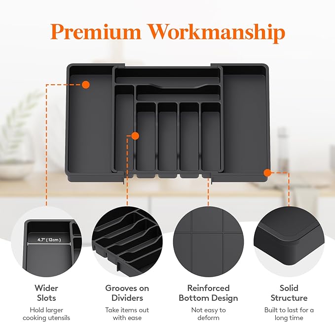 Lifewit Expandable Silverware Drawer Organizer, Kitchen Utensil Tray | BPA-free Plastic Flatware Cutlery Holder, Space-Saving Storage for Spoons Forks Knives, 13-22.4 x 15“, Black - Image 6