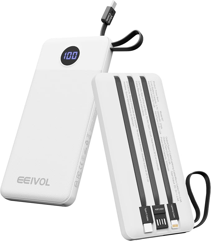 Portable Charger with Built in Cables, Slim 10000mAh Power Bank, USB C Battery Pack Travel, 4 Output 2 Input External Charging Bank for iPhone 17/16/15/14/13,Samsung, Android, etc-White(1 Pack) by EEIVOL