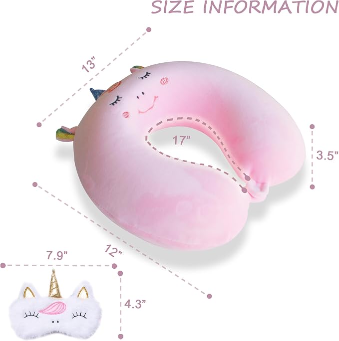 Sexysamba Cartoon Headrest & Neck Pillow for Kids Boys & Girls, Teens, Travel Accessories for Airplane, Car, Recline, Memory Foam Cute Travel Pillow with Sleep Eye Mask - Pink Unicorn - Image 2