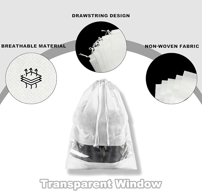 20 Pack Shoe Bags for Travel, 17" x 12.6" Drawstring Shoe Organizers with Clear Window, Breathable Non-Woven Dustproof Pouches for Luggage & Closet (White) - Image 3
