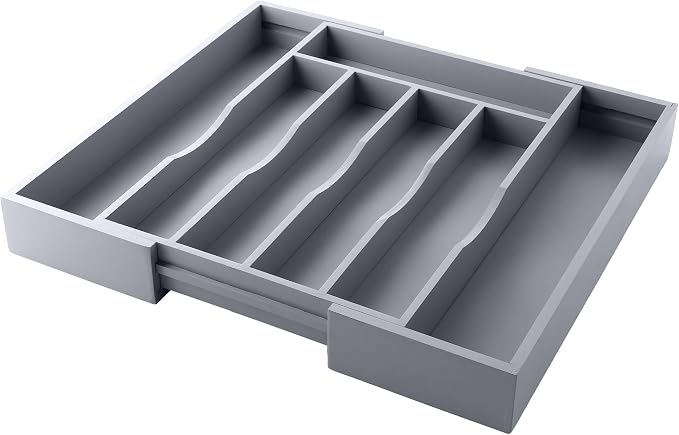 Expandable Bamboo Kitchen Drawer Organizer for Cutlery and Utensils, Adjustable Bamboo Wood Cutlery Tray in Drawer for Flatware and Silverware in Kitchen, (Grey) - Image 9