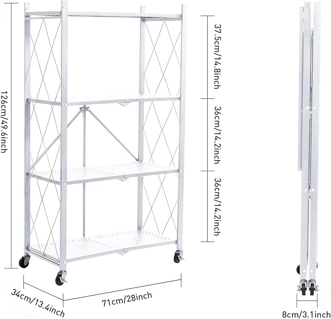 BRIAN & DANY 4-Tier Foldable Storage Shelves with Wheels, Folding Metal Rack Shelving Unit, Heavy Duty No Assembly Organizer Shelf for Garage, Kitchen, Pantry, White - Image 3
