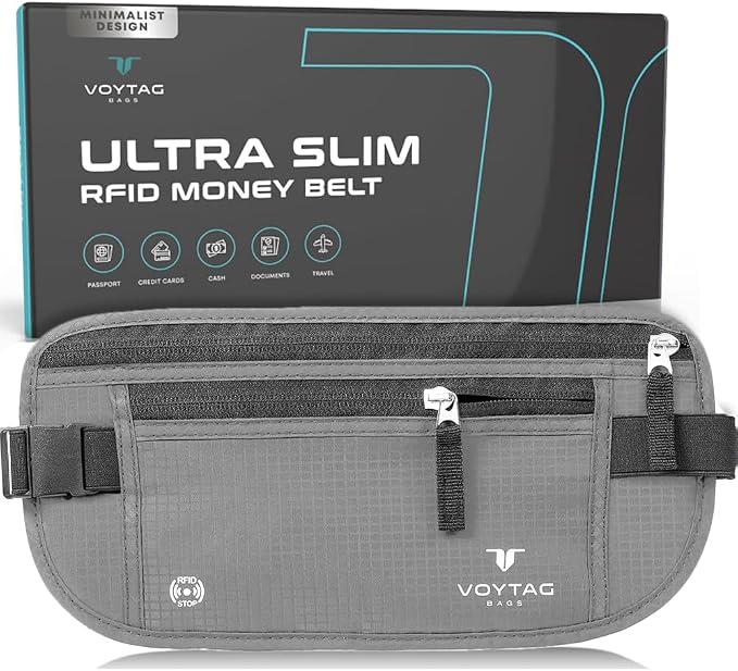 Travel Money Belt & Passport Holder - RFID Blocking Slim Travel Wallet & Fanny Pack for Men and Women - Essential Travel Pouch for Cash, Credit Cards, and Documents (Grey) by VOYTAG