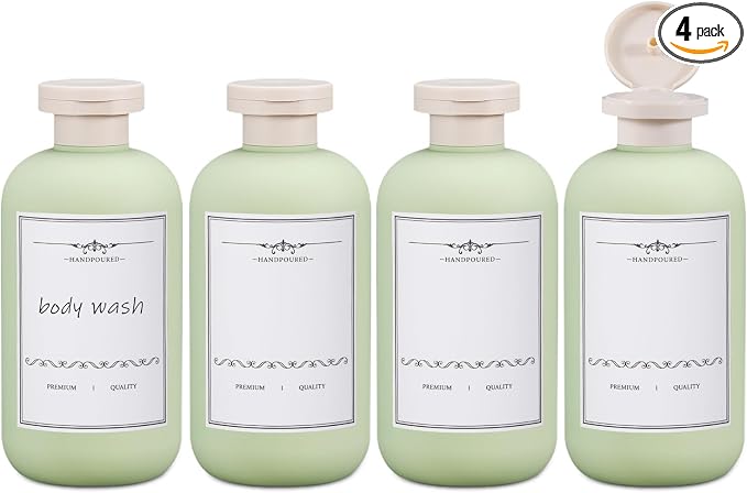 ASEVAT 10oz 4Pcs Green Plastic Refillable Travel Shampoo and Conditioner Bottles Plastic Refillable Travel Shampoo Bottles with Flip Cap Shampoo and Conditioner Dispenser by ASEVAT