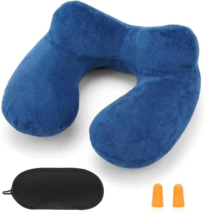 Inflatable Travel Pillow for Airplane Inflatable Neck Pillow for Traveling with Soft Velvet Washable Cover for Sleeping, Airplane,Train, Car, Office, Contoured Eye Masks, Earplugs by HITSZS