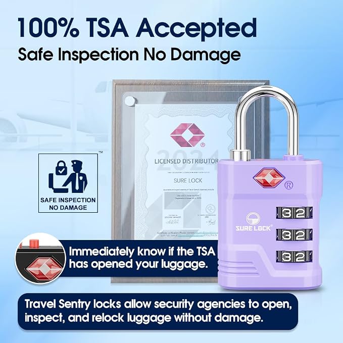 SURE LOCK TSA Approved Luggage Lock – 3-Digit Resettable Combination Padlock with Open Alert Red Dot, Large Easy-Read Dials for Suitcases, Backpacks, Gym & School Lockers(Purple 2 pk) - Image 3
