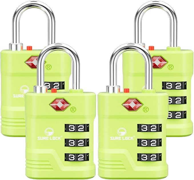 SURE LOCK TSA Approved Luggage Lock – 3-Digit Resettable Combination Padlock with Open Alert Red Dot, Large Easy-Read Dials for Suitcases, Backpacks, Gym & School Lockers (Green 4 pk) by Hopeyoucanstaysafe