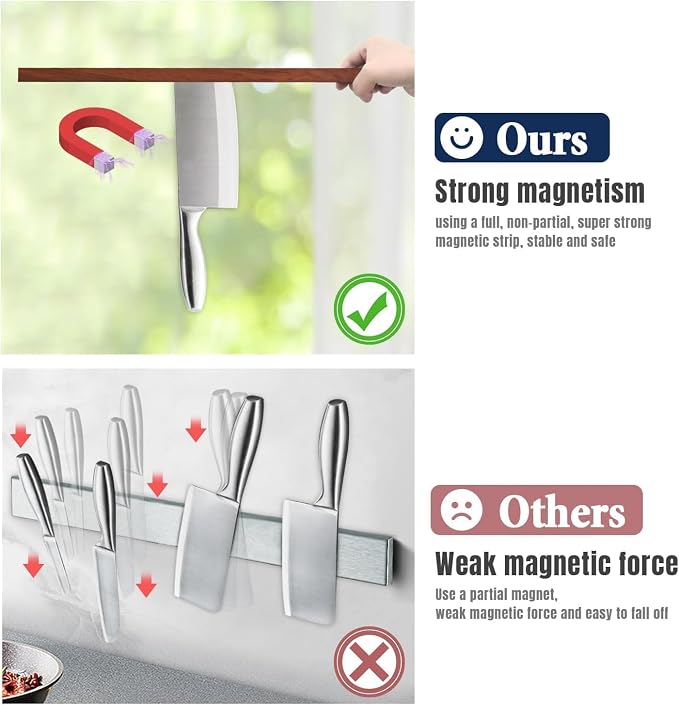 Dmore magnetic knife holder for wall—with 2 hooks, No Drilling 16 Inch walnut knife magnetic strip, Powerful knife magnet rack, include Adhesive Tape and screws for Knives, Utensils, and Tools - Image 5