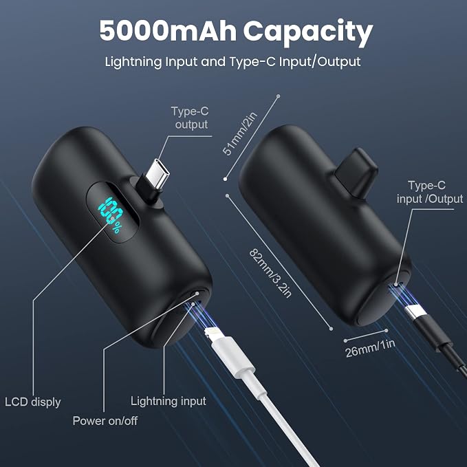 [2-Pack] Mini Portable Charger 5000mAh Power Bank,3A PD USB C Cell Phone Portable Power, LCD Display Battery Pack Compatible with iPhone 17/17 Air/16/16 pro/15/15 pro Max/Android/Samsung/Moto/LG etc - Image 4