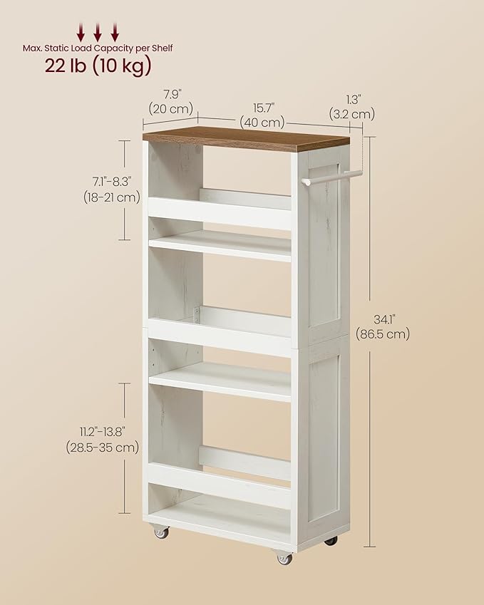 VASAGLE 4-Tier Slide-Out Storage Cart, Slim Kitchen Cart for Small Spaces, with Wheels, Handle, Bathroom, Laundry Room, 7.9 x 17 x 34.1 Inches, Rustic White and Honey Brown ULRC051K01 - Image 6
