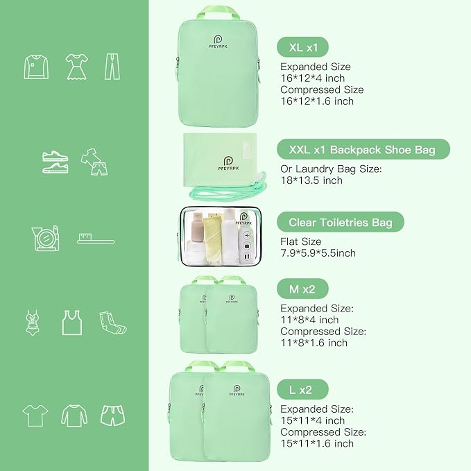 PFEYRPK Lightweight Compression Packing Cubes for Suitcases, Compressible Expandable Travel Packing Organizer with Clear Toiletries and Backpack Bag, Travel Essentials for Carry on Luggage 7 Set - Image 6