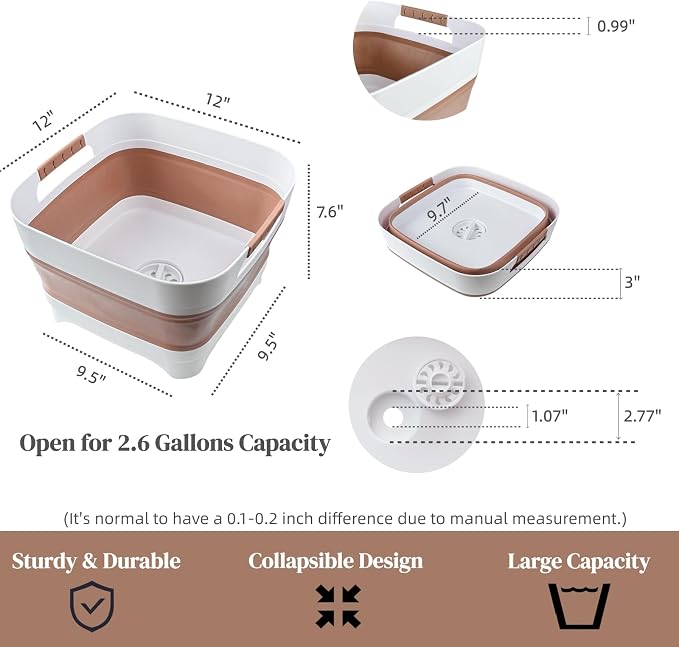 2.6 Gal(10L) Collapsible Wash Basin for Baby Bottles, Space-Saving Collapsible Dish Basin with Drain Plug for Bottle Washing, Collapsible Bucket for RV Kitchen Essentials (Brown) - Image 3
