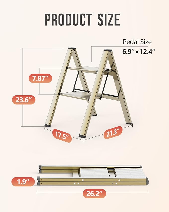 Aluminum 2 Step Ladder, Foldable Step Stool, 300lbs Load, Gold | Folded 27''H x 2''T; Net 6.6 lbs; Rigid Aluminum Steps; No Assembly; For Home, Kitchen, Office, Pantry, Closets, Cabinets - Image 6