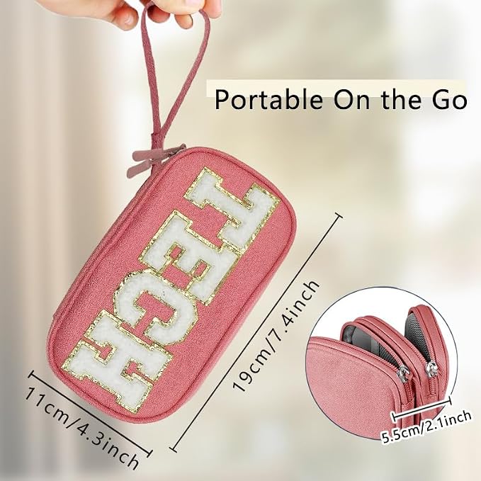 COSHAYSOO Cord Charger Organizer Travel Case Traveling Trip Gifts for Women TECH Bag Chenille Letter Pouch, Electronics Accessories Summer Camp College Dorm Essentials Must Have for Teen Girls Pink - Image 2