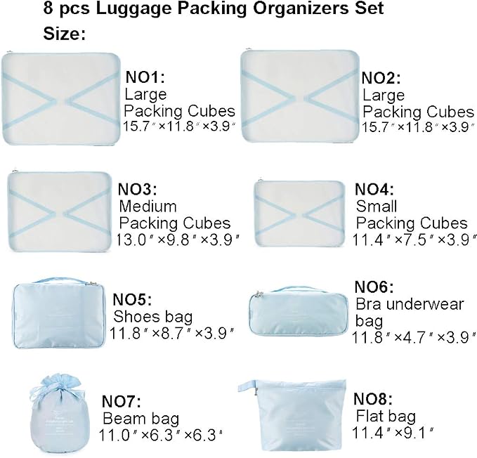 Packing Cubes for Travel, 8 Pcs Set | Luggage Organizers with Shoe Bag and Toiletry Bag, Classification and Storage, Save Storage Space and Luggage Packing Time - Image 2
