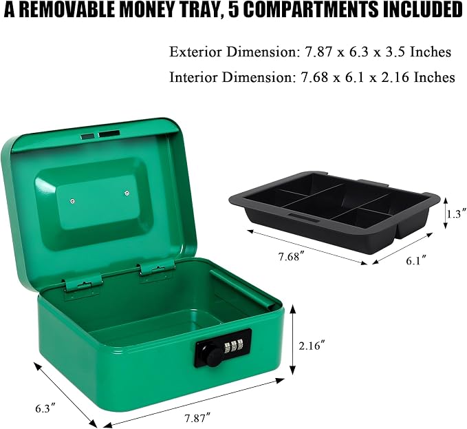 Jssmst Medium Cash Box with Combination Lock - Durable Metal Cash Box with Money Tray Green,7.87 x 6.3 x 3.35 inches - Image 2