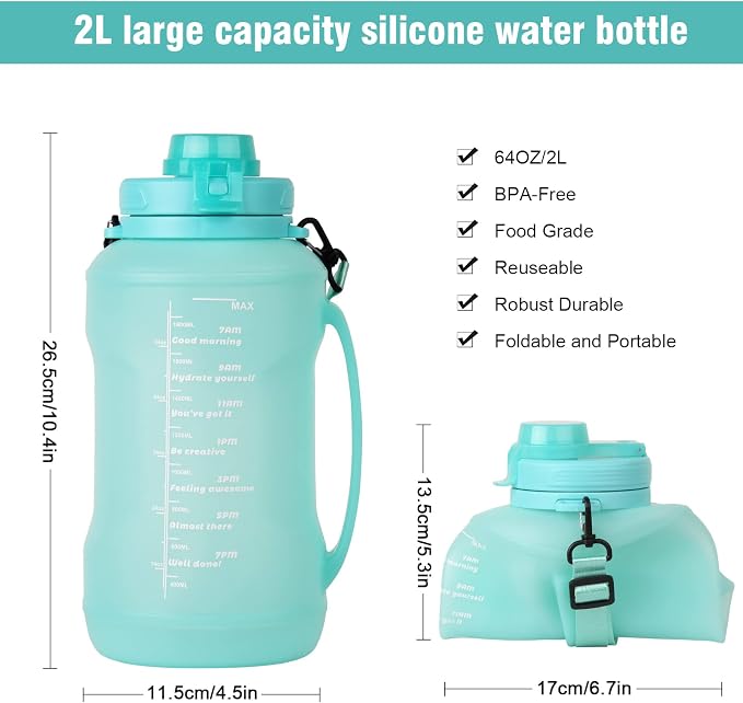 Collapsible Water Bottles, 2L/64OZ travel water bottle Bottle with Straw, Half Gallon Large Water Bottle for Travel Outdoor Sports Runing Fitness Yoga (Upgraded Snow Cyan) - Image 4